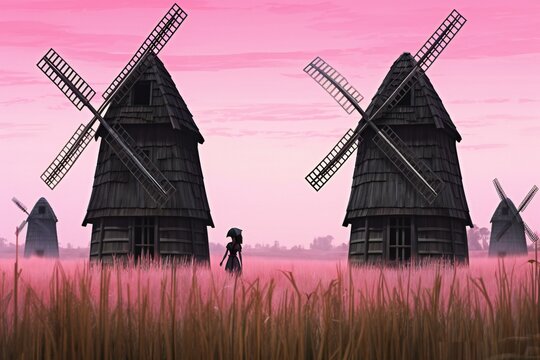 Silhouette of windmills in the field,   rendering
