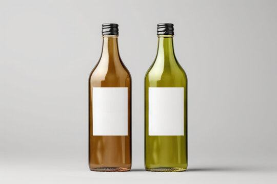 Mockup of two glass beverage bottles with blank labels.