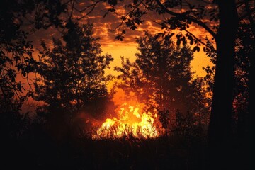 Burning forest, silhouetted trees against the backdrop of a vibrant sunset