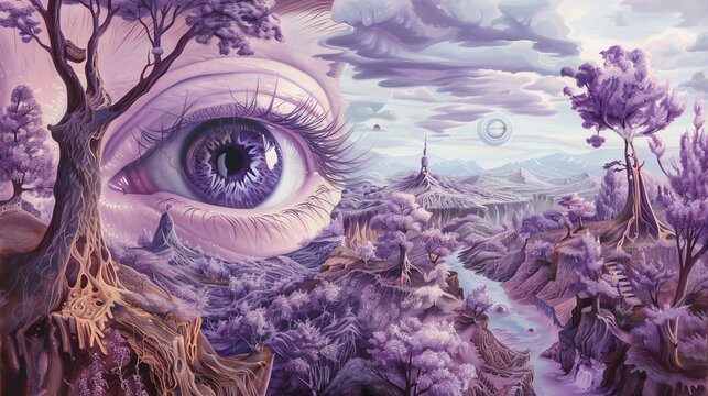 Sets an eye within a dreamlike landscape painted in soft violets and dusky purples, creating a surreal and mysterious tableau that draws the viewer in