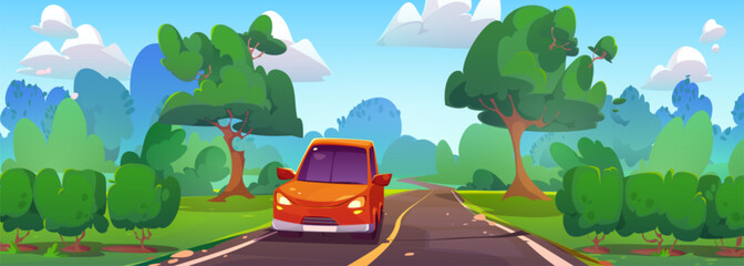 Obraz premium Car road trip to drive in summer landscape cartoon. Highway for vehicle and nature environment illustration. Adventure journey and freeway weekend tourism on red automobile via forest scene banner