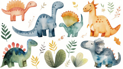 Set of watercolor illustrations of colorful cute dinosaurs