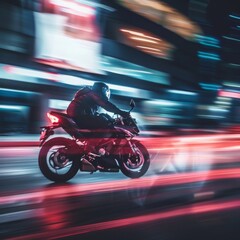 A motorcycle rider speeds through the city at night, leaving a trail of light behind him.