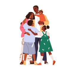 African-American family hugging. Black people, happy parents, mother, father and kids embracing. Mom, dad, baby, children together. Flat graphic vector illustration isolated on white background
