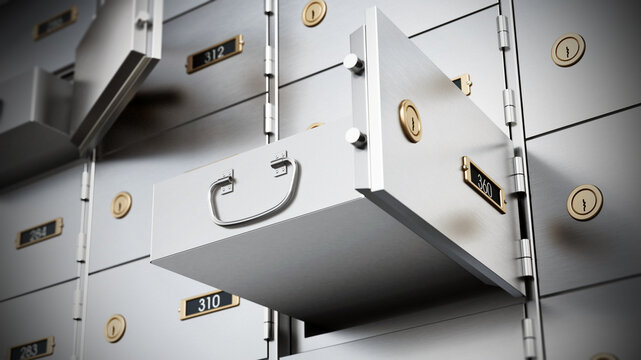 Bank deposit boxes with some open drawers. 3D illustration