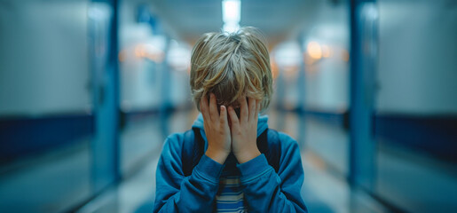 A young boy is crying in a hallway - Powered by Adobe