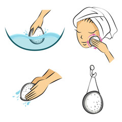 Set of four hand-drawn illustrations. Instructions for use. How do I use a Cosmetic Sponge for washing face