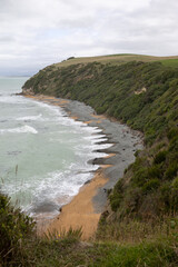 Blick auf einen Strand in Neuseeland mit schwarzem Sand