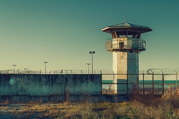 A solitary guard tower overlooking the prison complex