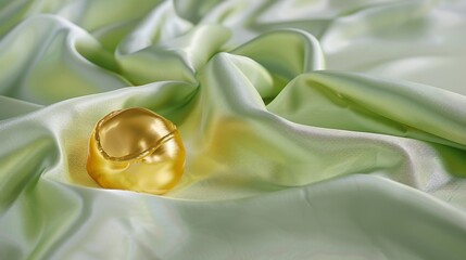 Photographs the gold element as it rests on a pale, soft green silk, its luster adding a touch of tranquility and luxury to the delicate fabric