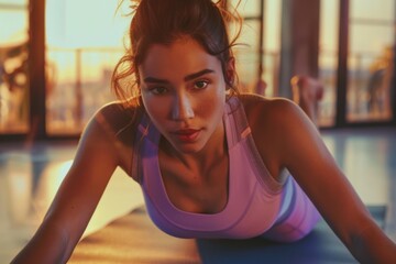 A close-up of a female fitness model in pastel lavender sportswear, doing pilates with precision on a minimalist mat, the setting sun casting a warm glow