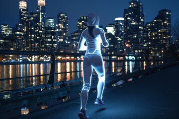 A nighttime shot of a female fitness model in a glowing white reflective outfit, jogging on an urban waterfront path, with city skyline lights shimmering in the background