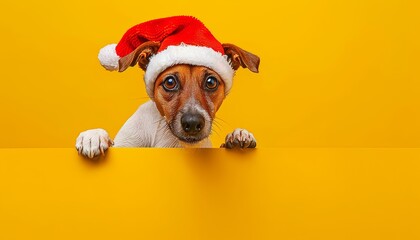 Adorable puppy in christmas hat peeking from behind blank banner, creating a fun and festive scene - obrazy, fototapety, plakaty