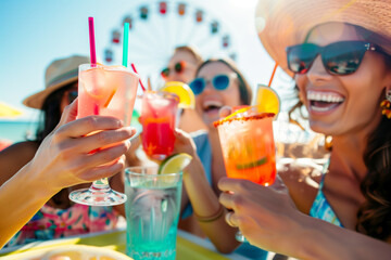 A group of friends are having fun on the beach, laughing and clinking drinks while sitting at an outdoor table with colorful cocktails in hand. In the background is a ferris wheel or an amusement park