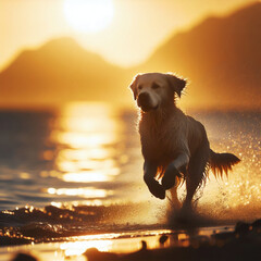 Golden retriever running on the beach at sunset