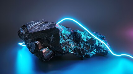 Photographs the carbon chunk with a streak of electric blue neon light tracing its edges, emphasizing its raw texture against the vibrant, futuristic glow - obrazy, fototapety, plakaty