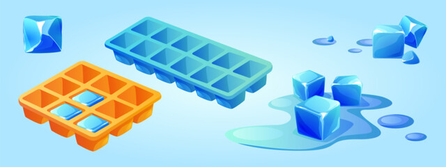 Ice cube trays set isolated on blue background. Vector cartoon illustration of frozen water mold, plastic or silicone square container for kitchen refrigerator, melting icicle pieces in liquid puddle - obrazy, fototapety, plakaty