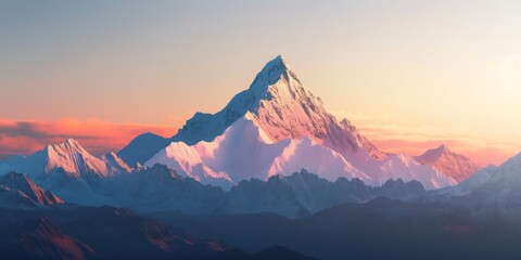 The sun rises, casting warm hues over a magnificent snow-covered mountain peak and range - obrazy, fototapety, plakaty