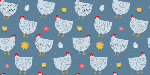 Seamless pattern with hens and chickens, eggs. Abstract pattern with poultry. Vector graphics. - obrazy, fototapety, plakaty