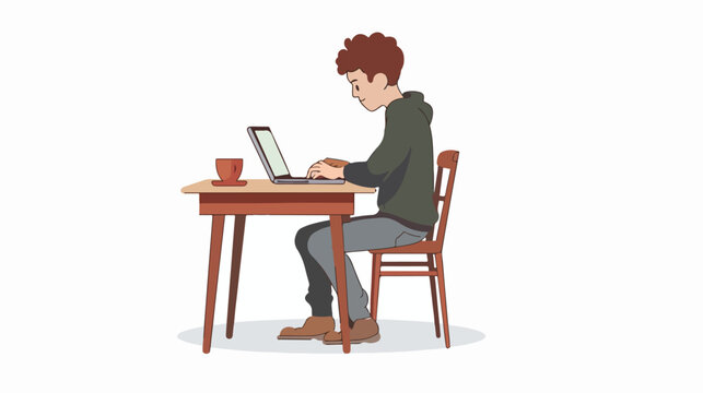 Young person sitting at table using laptop looking