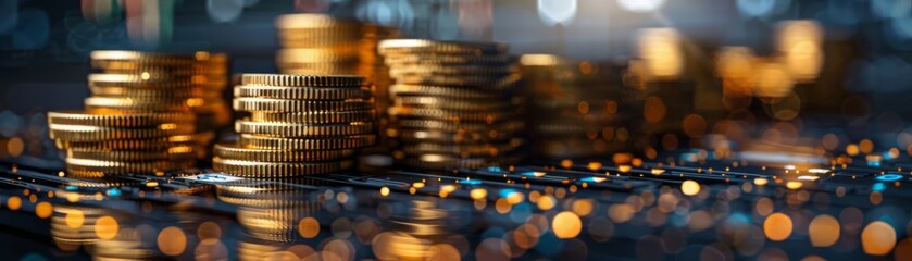 A golden stack of coins with a blurred background of lights.