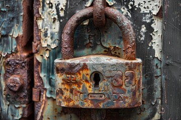 An aged door is locked with a rusty old aged padlock