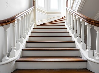 Staircase with white balustrades and wooden steps leading to the upper floor of an apartment in...