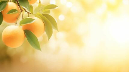 Obraz premium Ripe Oranges Hanging on Branch, Sunlit Citrus Grove, Freshness Concept with Copy Space