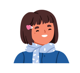 Cute smiling happy girl child. Joyful excited laughing kid, head portrait. Sweet kawaii little schoolkid, cheerful positive face expression. Flat vector illustration isolated on white background