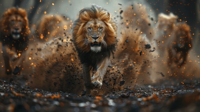 A lion with a majestic mane, running through a dusty landscape with other lions behind him.