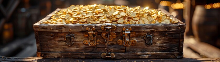 An old wooden treasure chest filled with gold coins. - obrazy, fototapety, plakaty