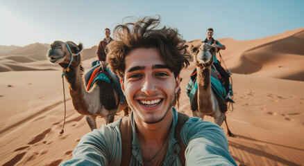 A man taking a selfie in the desert with a group of people on camels behind him, a happy and smiling man 
