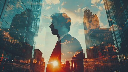 Double exposure portrait of young corporate man standing in office at night with blurred city with skyscraprs and bokeh