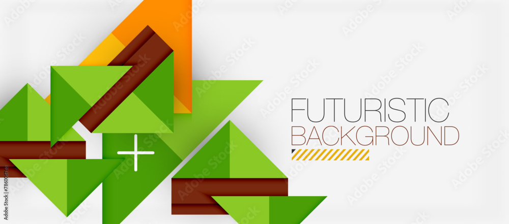 Aufkleber Futuristic facade design featuring green triangles and arrows on a background of grass patterned rectangles. Symmetry and sleek typography enhance the brands modern aesthetic