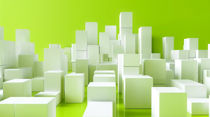 White cubes build a futuristic cityscape on lime green.