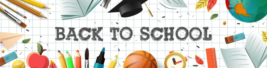 Back to school and education. Vector illustration of books, pencils, basketball ball and other school objects on checkered pattern paper. Drawings for poster, background or flyer