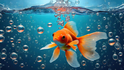 Goldfish swimming in the water. Underwater world, close up view - Powered by Adobe