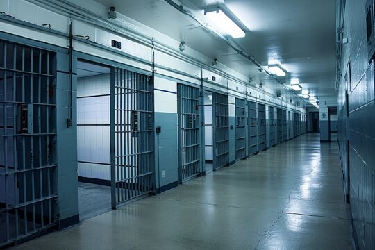 A row of empty prison cells with open doors