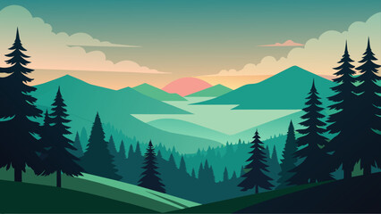Fototapeta premium Mountains and forest landscape silhouettes, vector nature horizontal background.