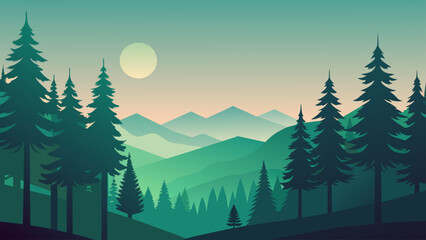 Fototapeta na wymiar Mountains and forest landscape silhouettes, vector nature horizontal background.