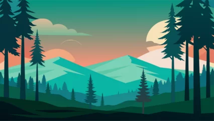 Behangcirkel Mountains and forest landscape silhouettes, vector nature horizontal background. © graphicfest_x