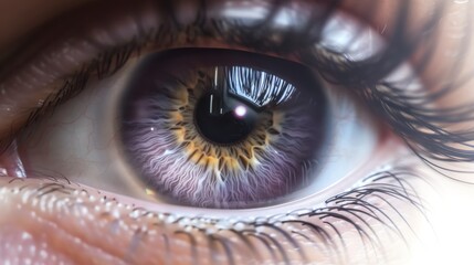 Photographs an eye with a pupil dilated in low light, surrounded by an iris of mysterious violet, highlighting the natural response to the unknown - obrazy, fototapety, plakaty