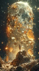 Obraz na płótnie Canvas A boy watches as a giant golden asteroid approaches the planet.