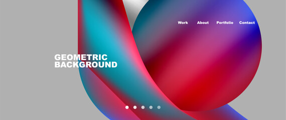 A colorful geometric background featuring circles in red, blue, and white, resembling liquid spheres. The design is vibrant and eyecatching, with a hint of electric blue and magenta accents