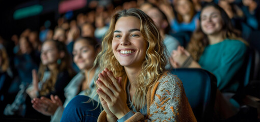 Fototapeta na wymiar A woman with blonde hair is smiling and clapping in a crowd of people