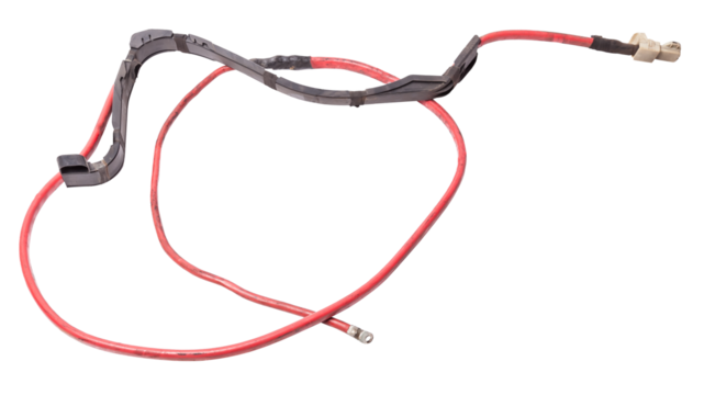 Automotive wiring harness with positive battery terminal and squib for disconnection in case of an accident. Vehicle security systems.