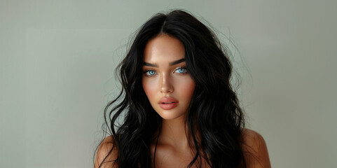 A woman with long black hair and blue eyes