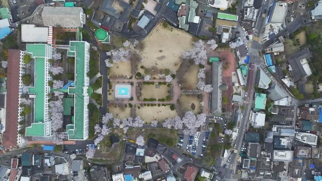 Drone View of Seoul city in South Korea, Jongno, Spring, traditional house hanok, 60fps