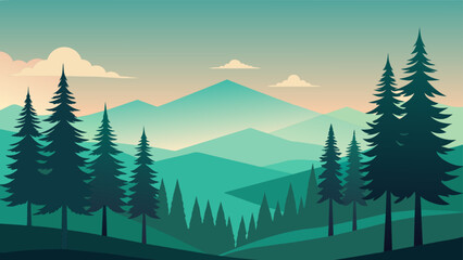 Mountains and forest landscape silhouettes, vector nature horizontal background.