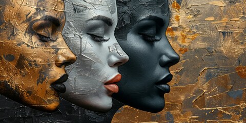 Three women face close up on abstract background